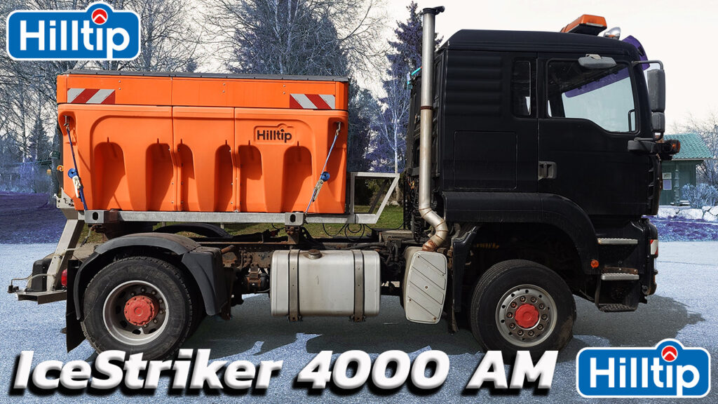 externer Link zum YouTube Video des abgebildeten MAN Truck mit HILLTIP 4000AM Aufbaustreuer mit Vorbefeuchtertechnik für FS30 Ausbringung